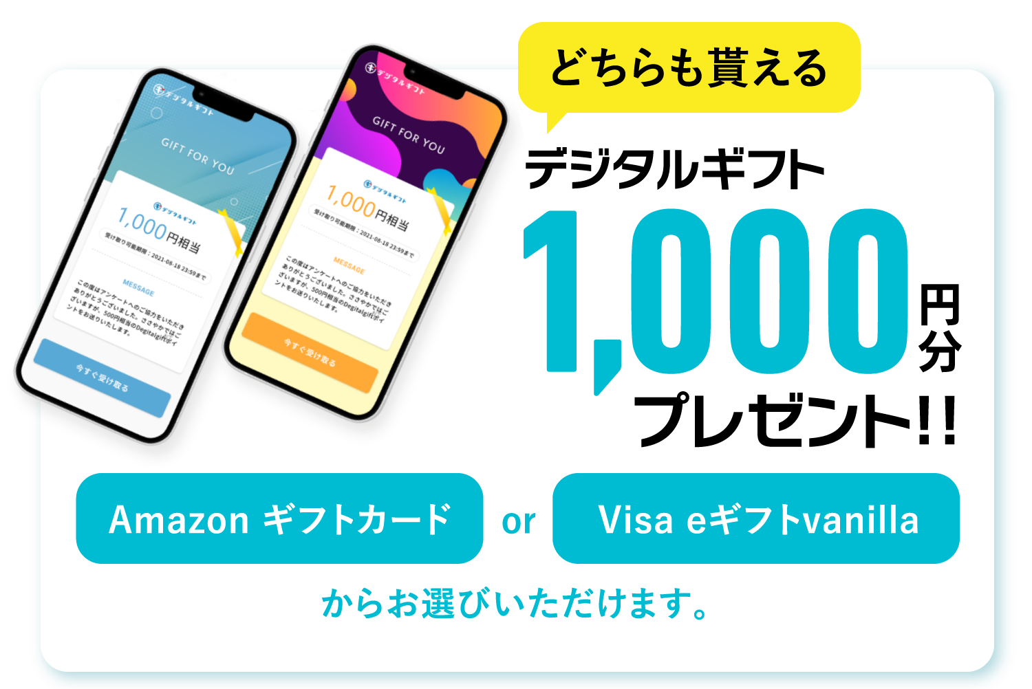どちらも貰えるデジタルギフト1000円分プレゼント.AmazonギフトorVisa eギフト