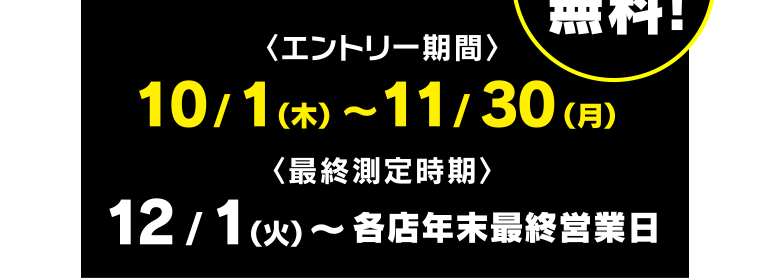 参加費無料。エントリー期間：10月1日から11月30日まで。最終測定時期：12月1日から各店年末最終営業日