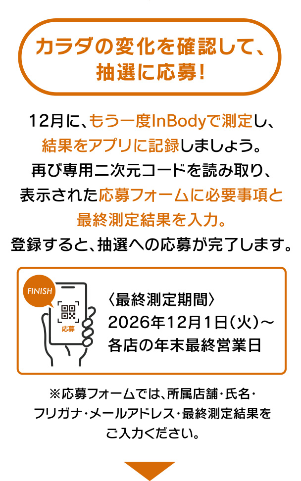 12月に、もう一度InBodyで測定し、結果をアプリに記録しましょう。再び専用二次元コードを読み取り、表示された応募フォームに必要事項と最終測定結果を入力。登録すると、抽選への応募が完了します。最終測定期間：2026年12月1日から各店の年末最終営業日。応募フォームでは、所属店舗・氏名・フリガナ・メールアドレス・最終測定結果をご入力ください。