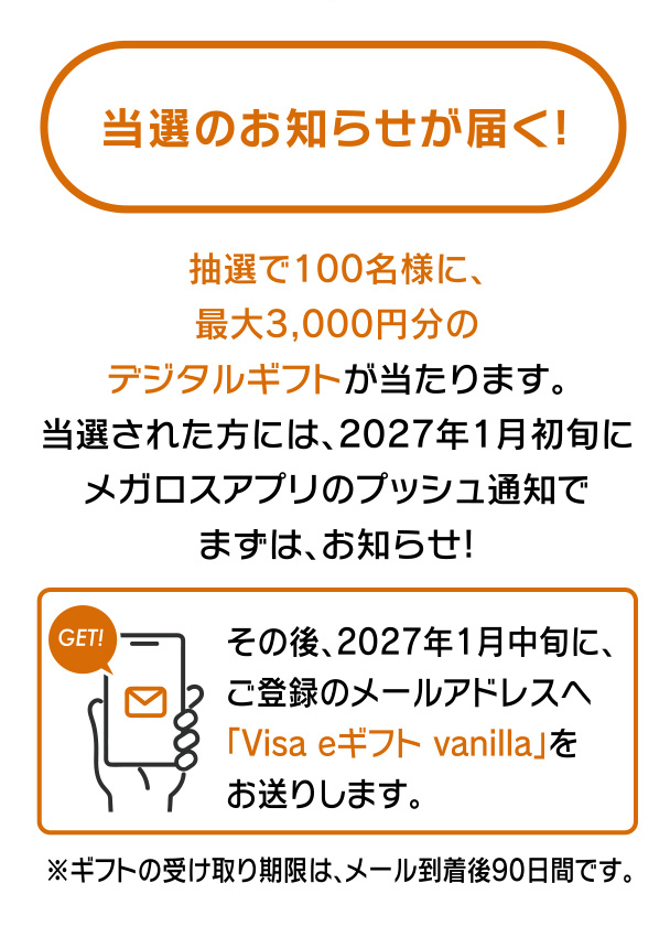 抽選で100名様に、最大3,000円分のデジタルギフトが当たります。当選された方には、2027年1月初旬にメガロスアプリのプッシュ通知でまずは、お知らせ。その後、2027年1月中旬に、ご登録のメールアドレスへVisa eギフト vanillaをお送りします。ギフトの受け取り期限は、メール到着後90日間です。