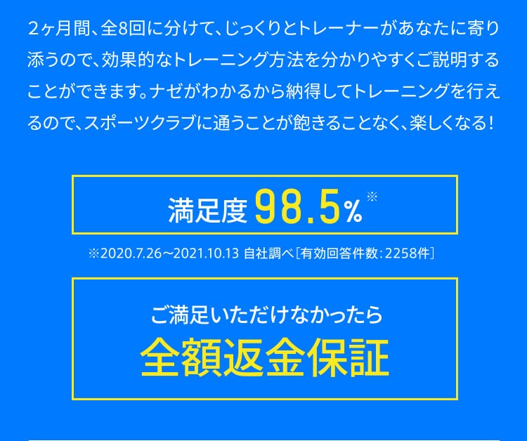 ２ヶ月間、全8回に分けて、じっくりとトレーナーがあなたに寄り添うので、効果的なトレーニング方法を分かりやすくご説明することができます。ナゼがわかるから納得してトレーニングを行えるので、スポーツクラブに通うことが飽きることなく、楽しくなる！