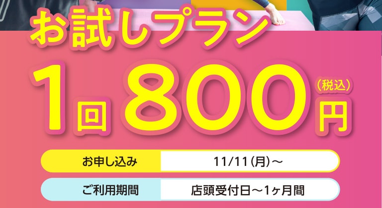 お試しプラン 1回800円（税込）、お申し込み：11/11（月）〜、ご利用期間：店頭受付日〜1ヶ月間