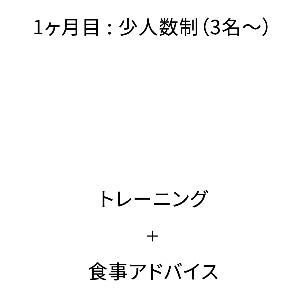 1ヶ月目:少人数制(3名〜)スタート 1回30分×4回 フリー制 / トレーニング+食事アドバイス