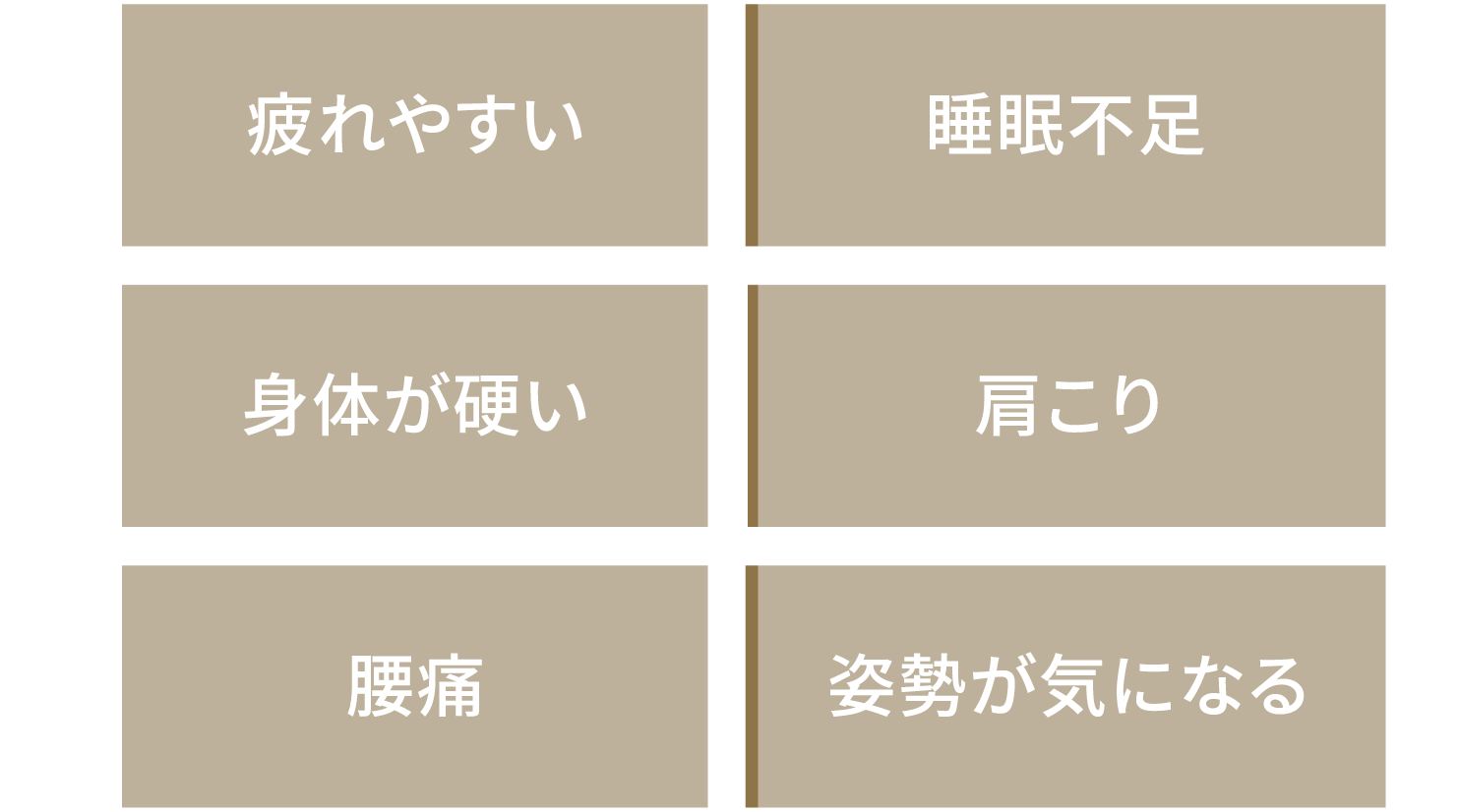 疲れやすい・睡眠不足・身体が硬い・肩こり・腰痛・姿勢が気になる